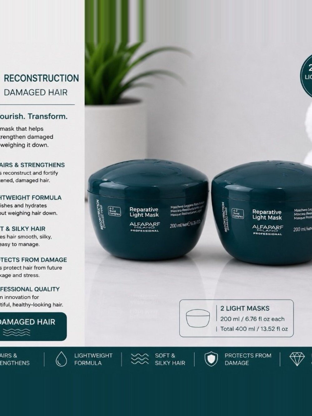 Alfaparf Semi Di Lino Reconstruction Reparative Light Mask 2x6.76 Fl.Oz